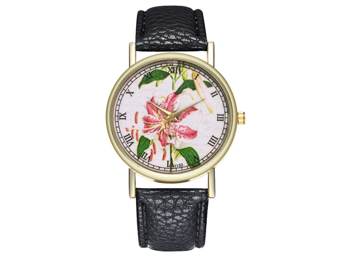 Reloj De Pulsera Analógico De Cuarzo Negro Unisex Zhoulianfa Con Correa De Pu De Estilo Floral.