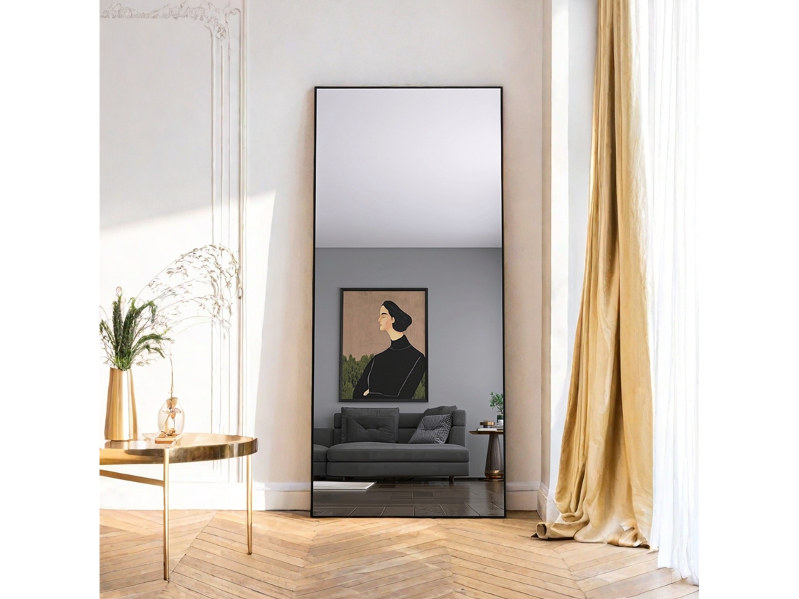 Espejo de cuerpo entero 180x80 cm, cristal templado, para montaje en pared y suelo, para pasillo, dormitorio u oficina, negro Rosahqnda