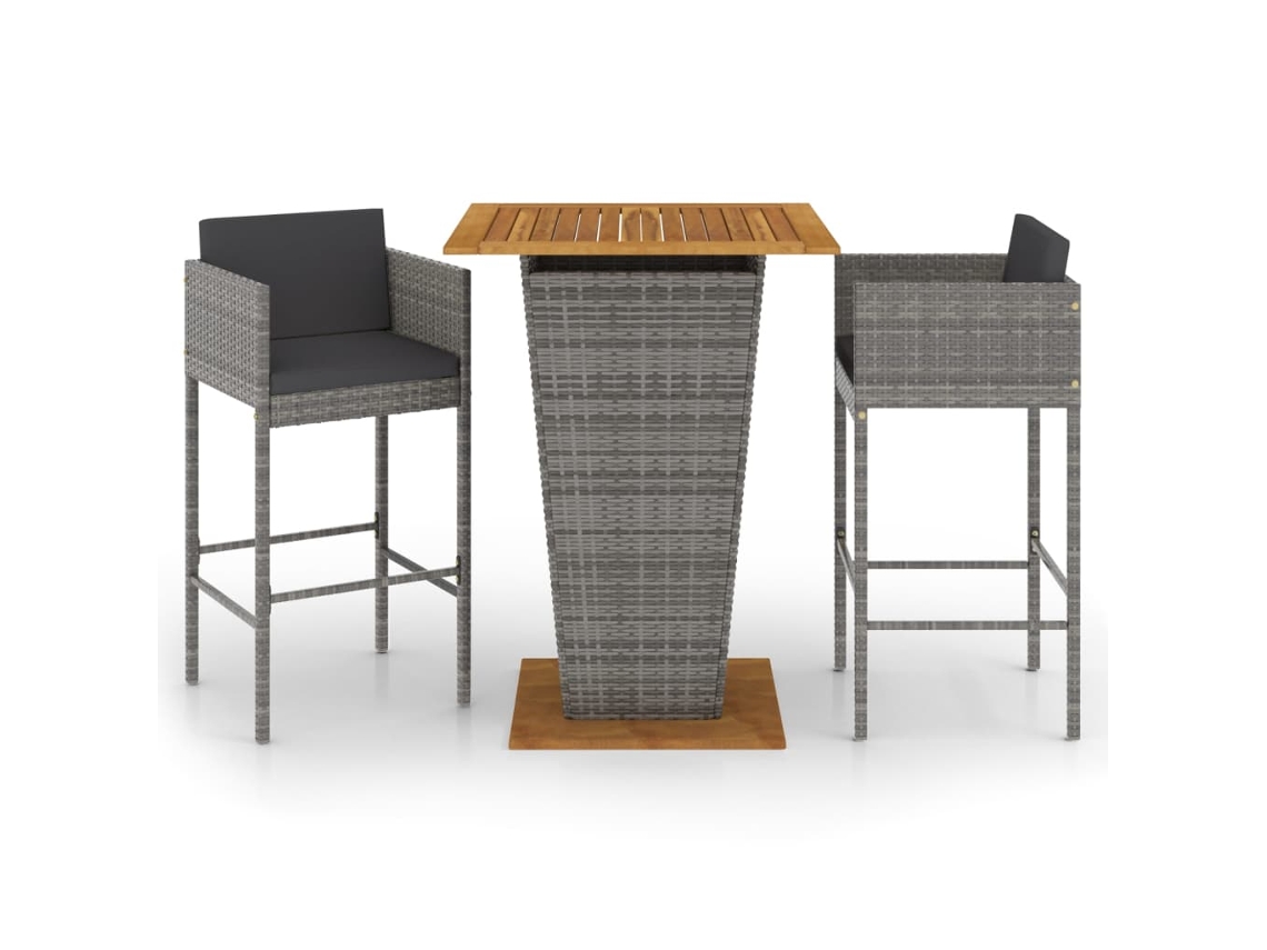 Conjunto 3 de muebles bar jardín VIDAXL y cojines ratán sintético gris