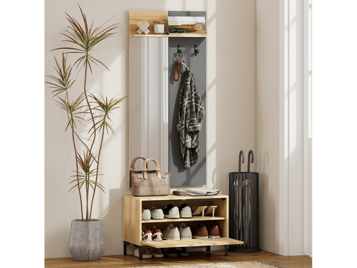 Conjunto de recibidor, banco zapatero, espejo, 3 ganchos, estante abierto, muebles de recibidor, madera gris natural