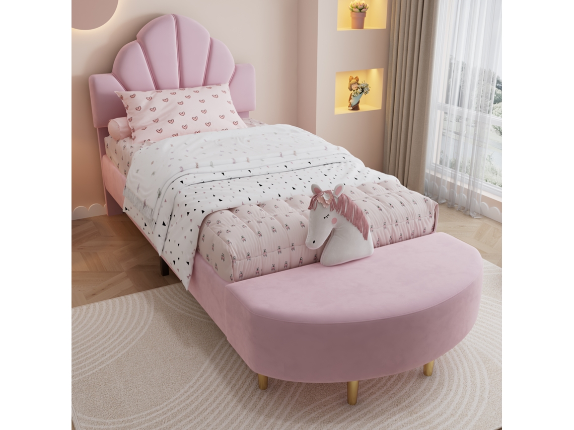 Cama Tapizada En Terciopelo Rosa De 90x200 Con Cabecero Y Banco Resistentes A Juego.