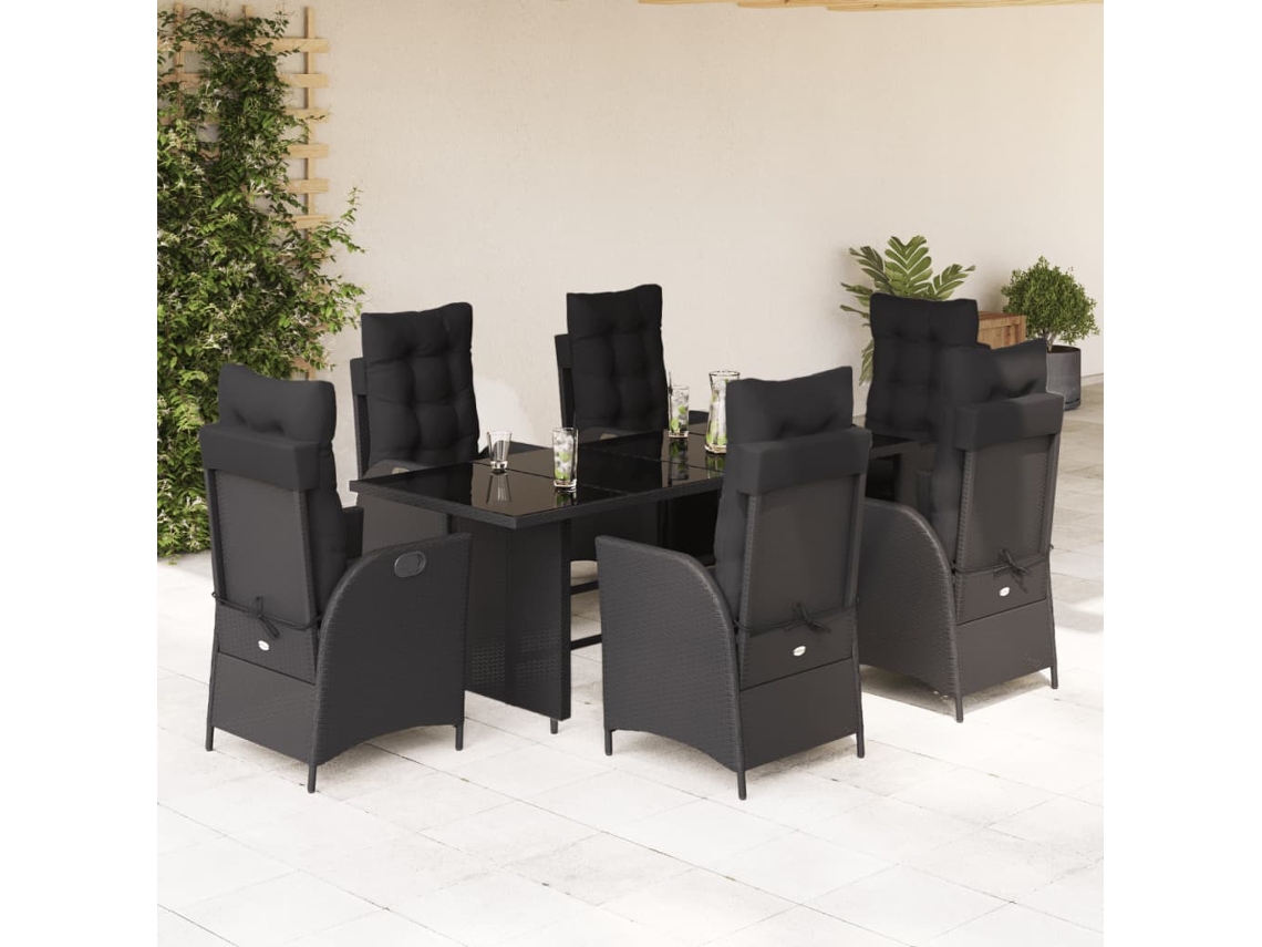 Juego de comedor de jardín de 7 piezas con cojines, mimbre sintético negro, DKD Home Decor