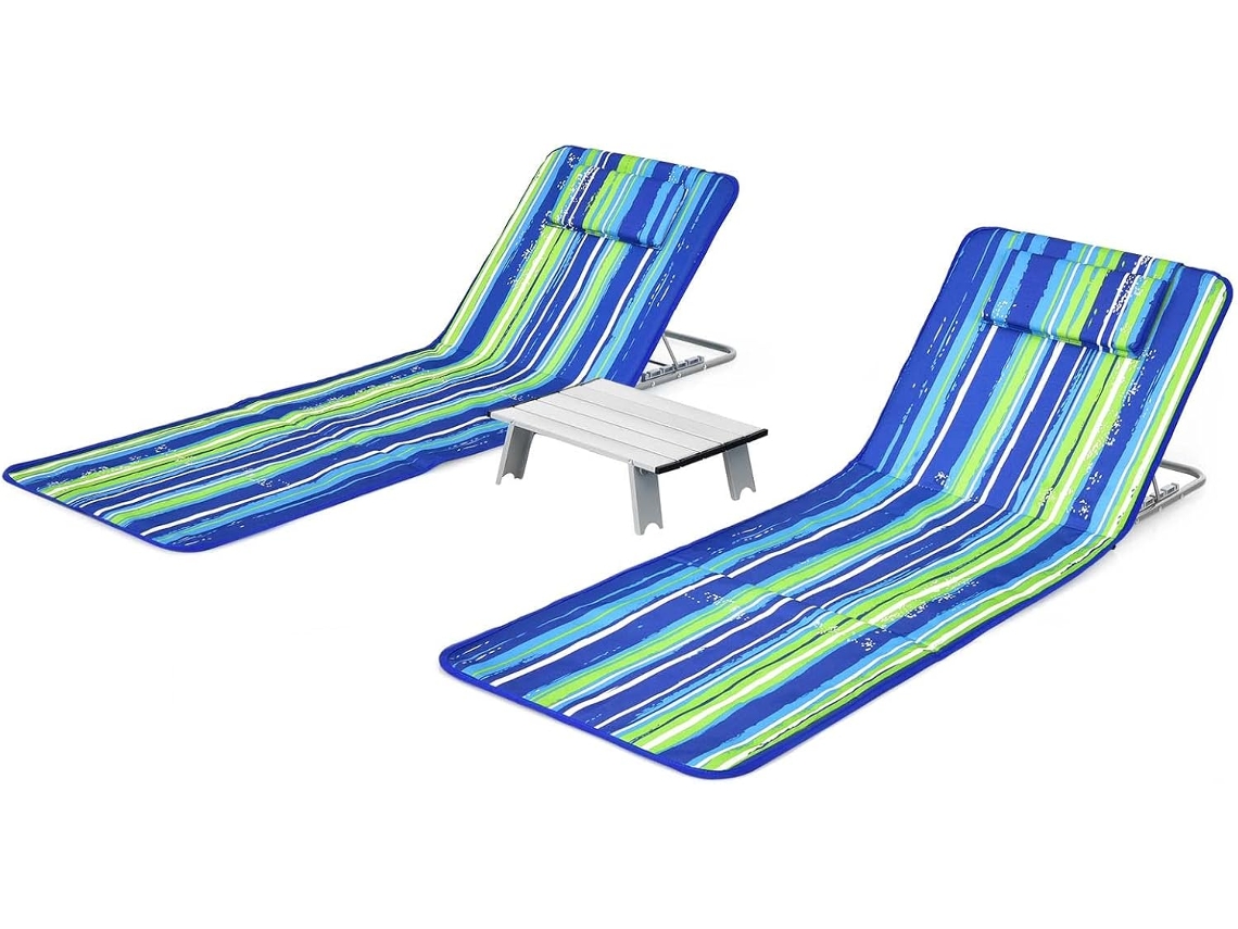 Set de 2 Esterillas de Playa con Respaldo Plegable y 1 Mesita, Set Tumbonas Regulables, Sillas Regulables Portátiles para Playa Patio Camping COSTWAY