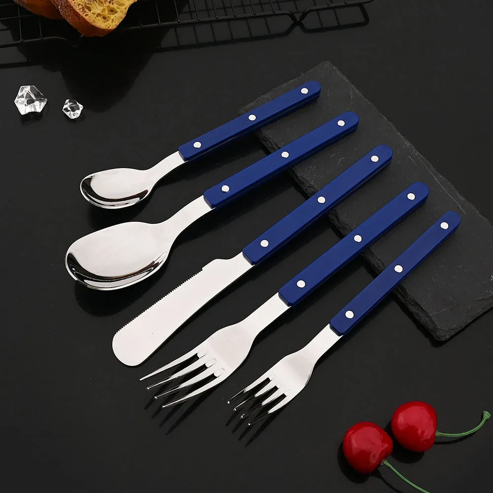 (azul, Juego De 5 Piezas) Cubiertos Remachados Con Mango De Acrílico, Tenedor, Cuchillo Y Cuchara De Acero Inoxidable.