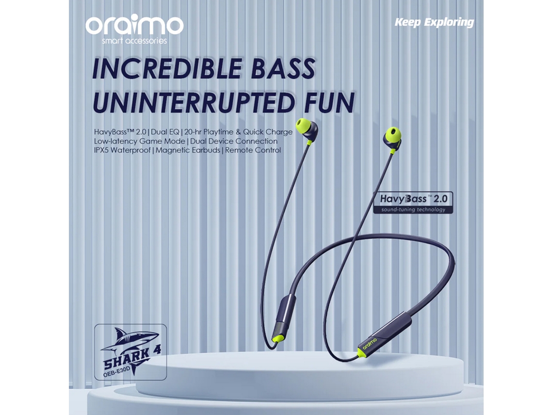 Auriculares Inalámbricos Oraimo Shark 4 Con Graves Potentes, 20 Horas De Reproducción, Resistencia Al Agua Ipx5 Y Correa Para El Cuello.