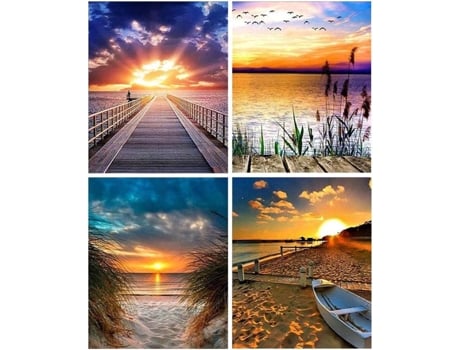 Paquete de 4 kits de paisaje de pintura de bricolaje de diamantes 5D paisaje de playa taladro redondo completo imágenes de bordado de diamantes de ...