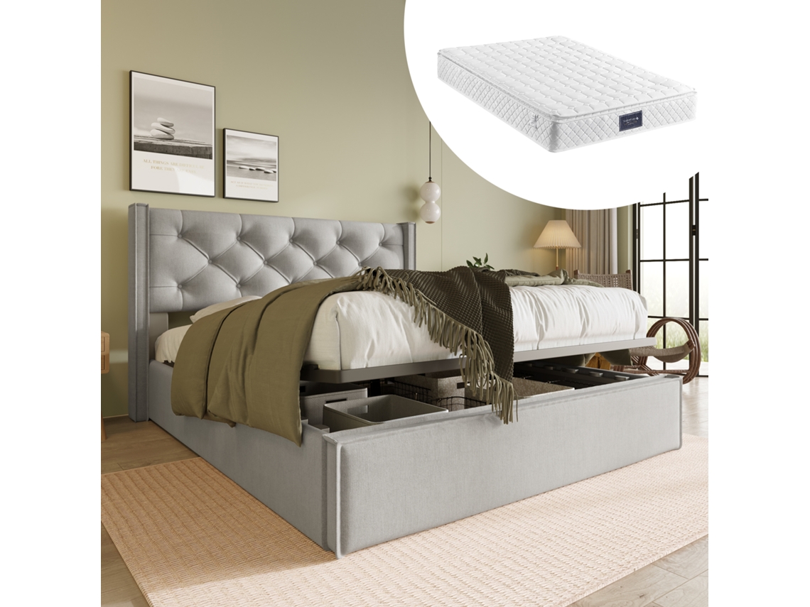 Cama Doble Hidráulica 160x200cm Con Colchón 720 Resortes, Base Metálica, Almacenamiento, Tela Algodón Gris Claro