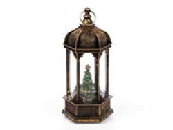 Farol navideño con luz y efecto de nieve. 14 cm. Diseño de árbol de Navidad.