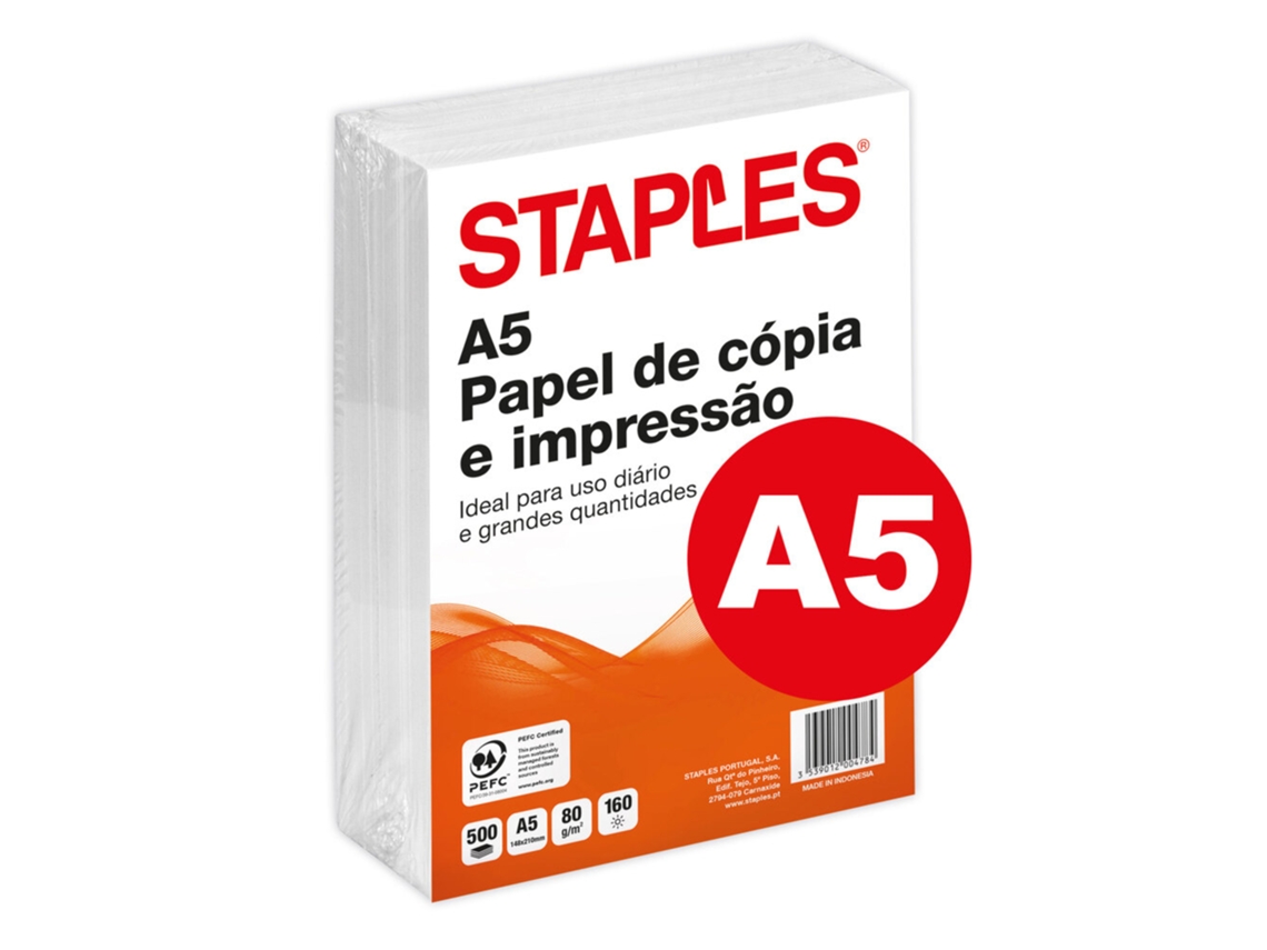 Papel para impresora multiusos Staples A5, 80 g/m², blanco, paquete de 2 resmas