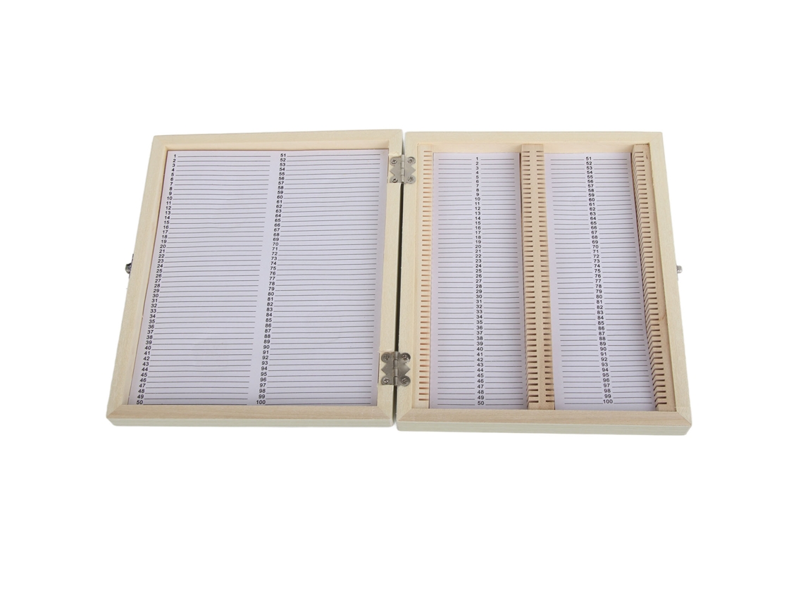 100 Portaobjetos Biológicos Preparados Para Microscopio Con Caja De Madera Para Guardar Las Muestras.