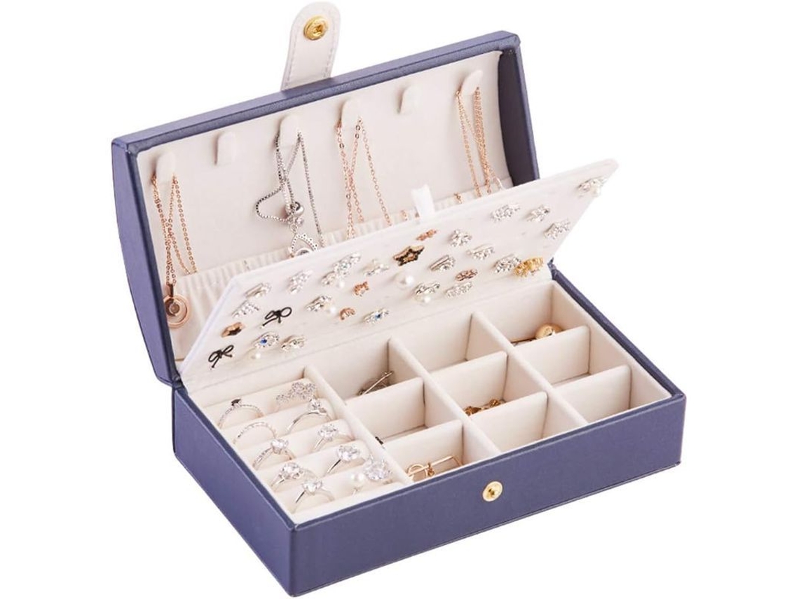Organizador De Joyería De Cuero Sintético De Doble Capa Para Viajes, Joyero Para Collares Y Anillos, Azul Marino