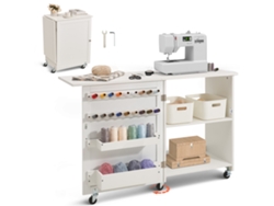 Mesa de costura plegable Succebuy con ruedas bloqueables, estantes, bandejas y puerta, color blanco