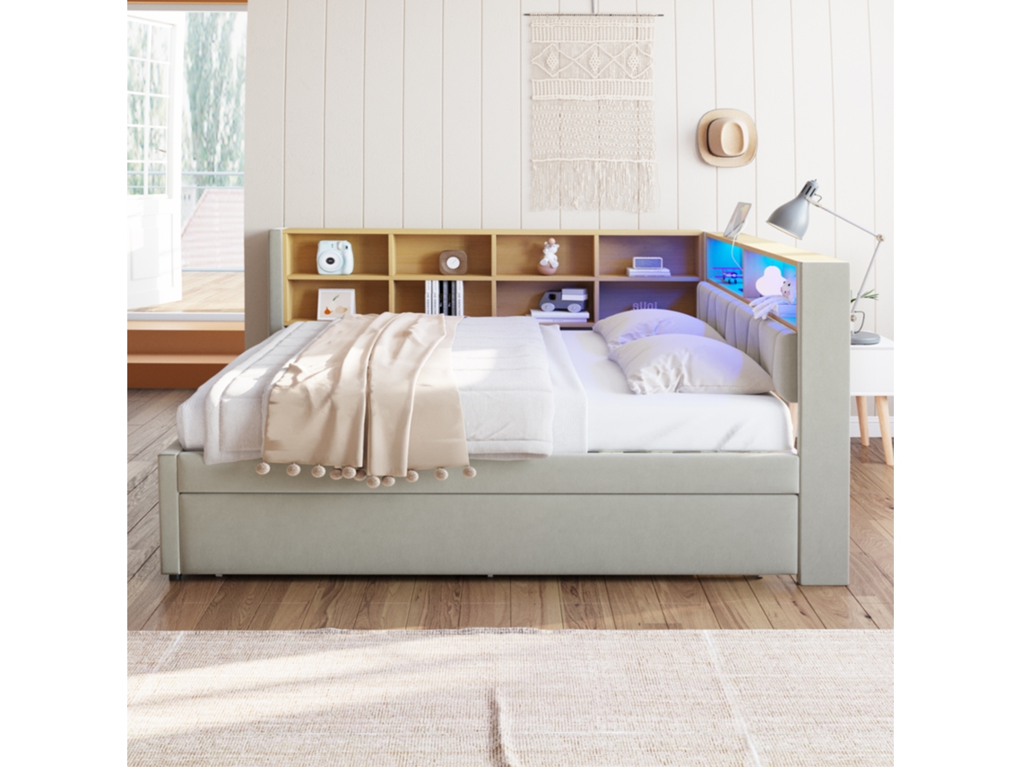 Sofá Cama 140x200 - Con Cama Extra 90x190 Cm - Con Toma Usb - Varios Compartimentos - Cama Tapizada - Gris Claro (colchón No Incluido)