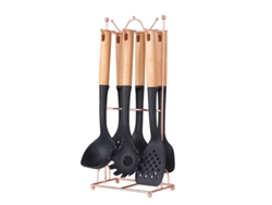Utensilios de cocina Gertiz de silicona de grado alimenticio resistentes al calor (7 piezas, con soporte) (negro)