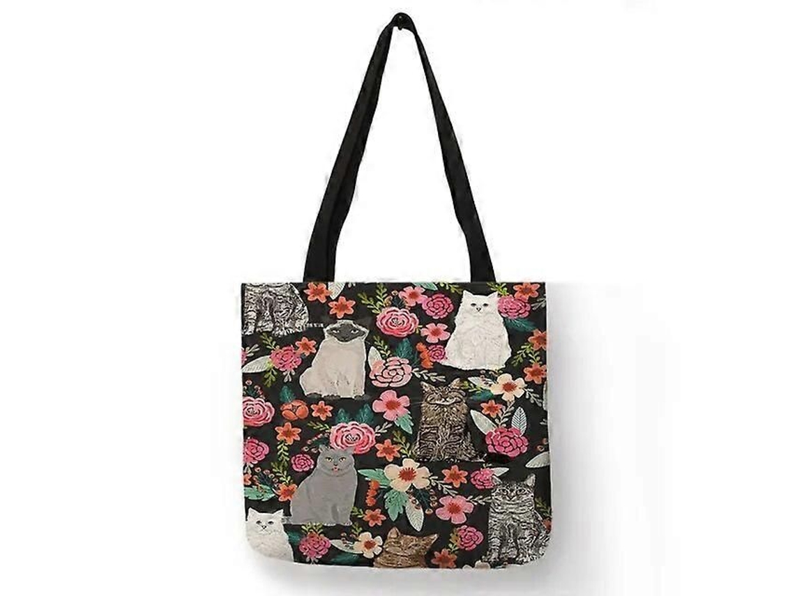 Bolso de compras para mujer con estampado floral de gatitos de dibujos animados, bolso de hombro de tela de lino, ecológico, reutilizable y de GOKOCO.