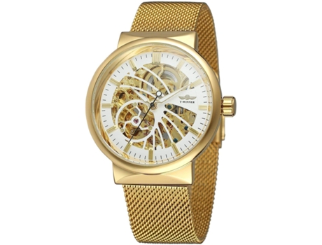 VEANXIN Reloj de pulsera impermeable de acero inoxidable con esqueleto automático-Oro blanco