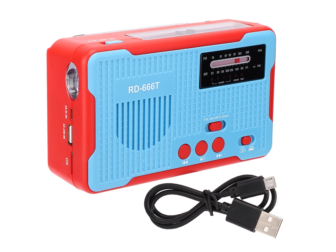 Rádio De Emergência Portátil Rd-666t Com Luz De Emergência Led Carregamento Solar E Manivela Am Fm Azul