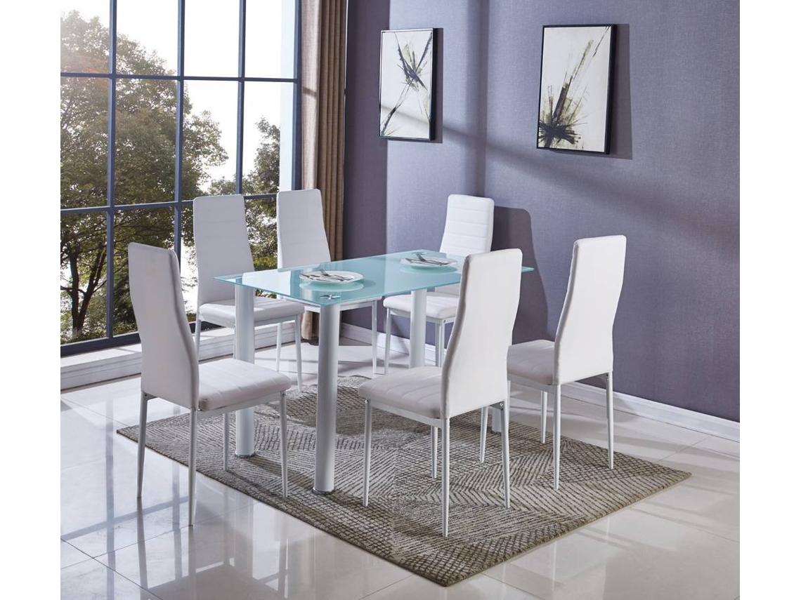 Conjunto de Mesa con 6 Sillas SALDOS Y STOCK Blanco (Cristal Templado y Cuero Sintético - 140X80 cm)