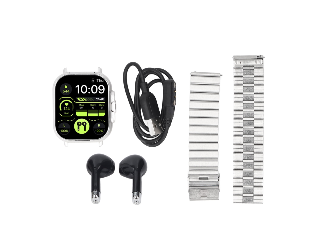 Relógio Inteligente 2 Em 1 Com Fones De Ouvido Bluetooth Tela Hd 2.01 Polegadas Fitness Tracker Para Ios Android Prata
