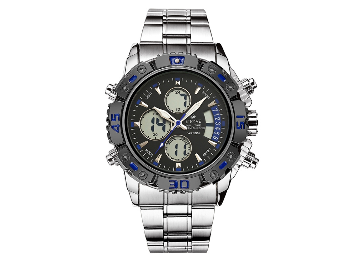 Reloj Electrónico Multifuncional Para Hombre (plateado Y Azul) De Acero Inoxidable Con Doble Movimiento, Resistente Al Agua Y Luminoso.