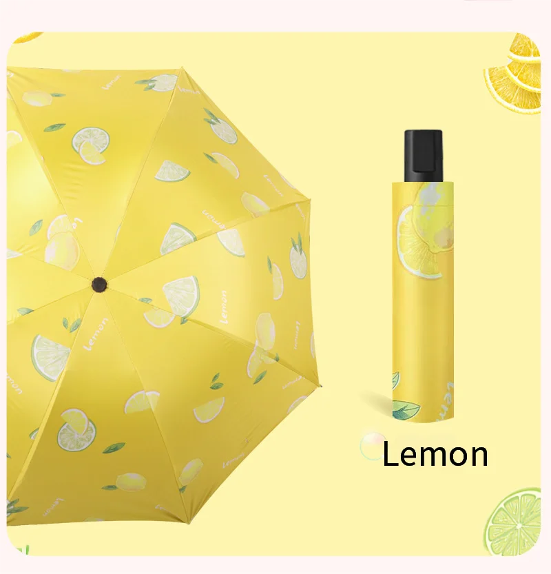 Paraguas (limón 8k) Hecho A Mano Con Estampado De Frutas, Plegable, Negro, De Doble Uso, Para Protección Solar Y Contra La Lluvia.