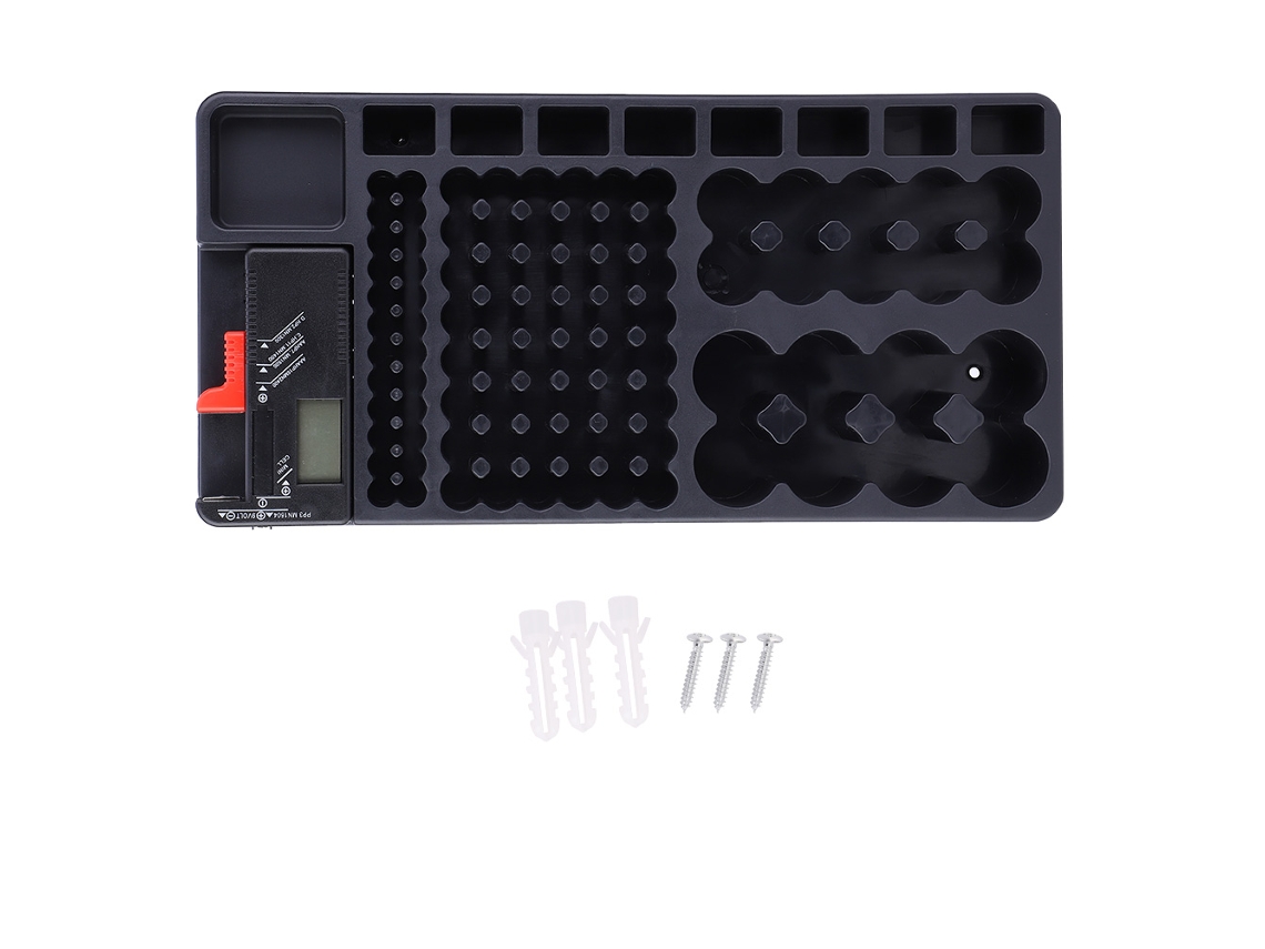 Organizador de baterías con pantalla digital y comprobador de capacidad de 1,5 V y 9 V para almacenamiento y uso portátil.