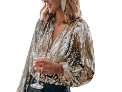 2026-camisa De Mujer Con Lentejuelas Cuello V Manga Larga Para Fiesta Y Ocasiones Especiales L Oro