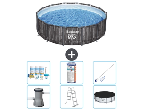 Piscina BESTWAY Round Steel Pro MAX - Impresión en madera - 427 x 107 cm - Incluye bomba - Escalera - Cobertor Accesorios CB32