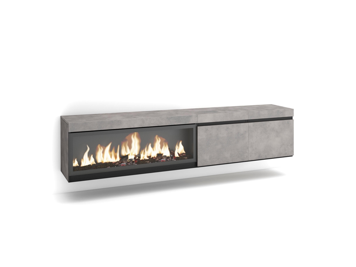 Mueble TV, Televisión, 210, Para TV hasta 80, Chimenea eléctrica XXL, Colgado, Suspendido, Cemento SKRAUT HOME
