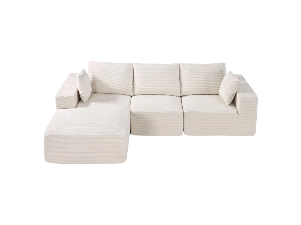 Sofá modular en forma de L con chaise longue, cojines y tejido transpirable beige de Tekmaquinas