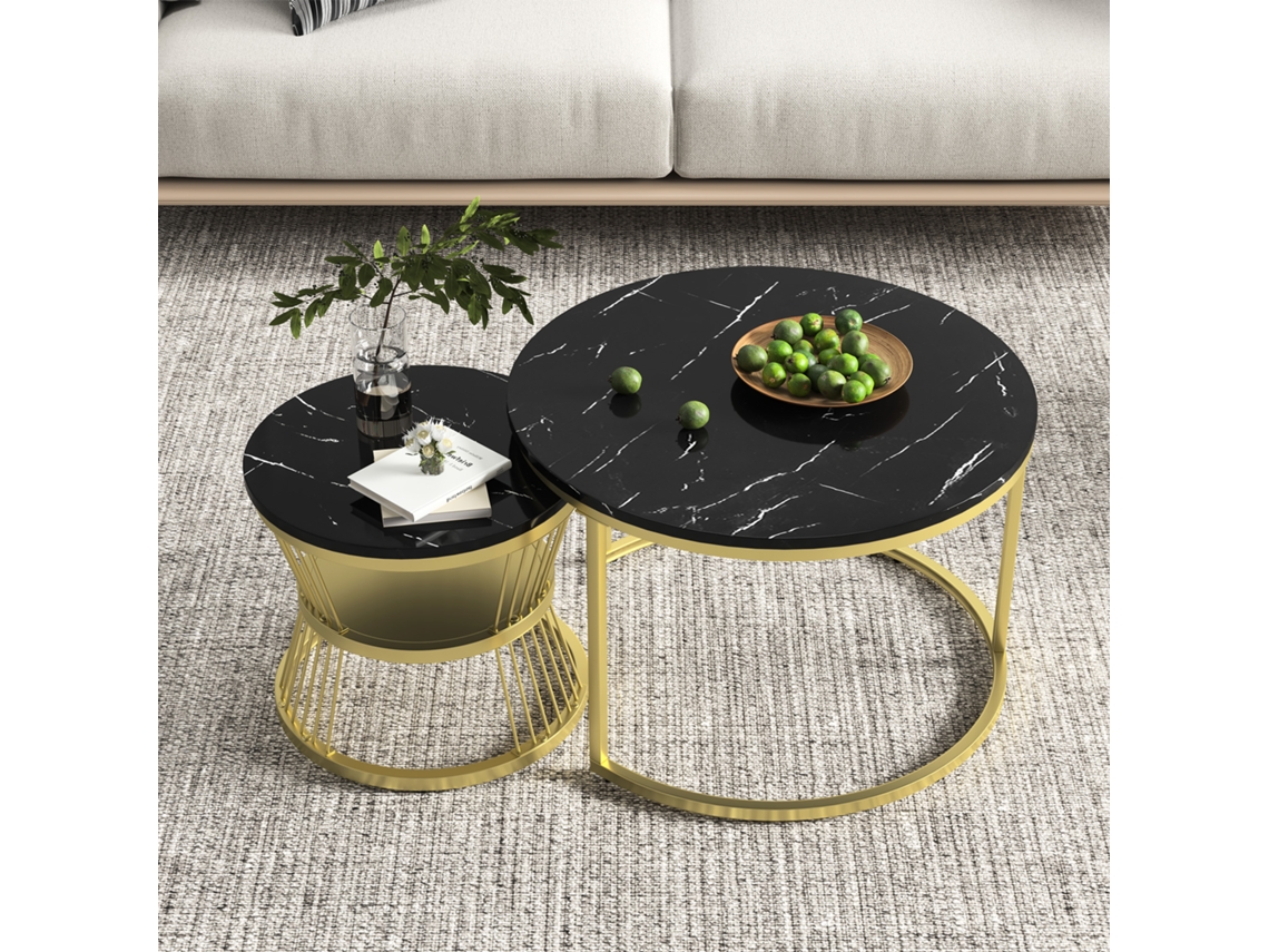Juego De Dos Mesas De Centro Apilables, Efecto Mármol Negro Con Patas Doradas, Diseño Moderno Y Elegante.