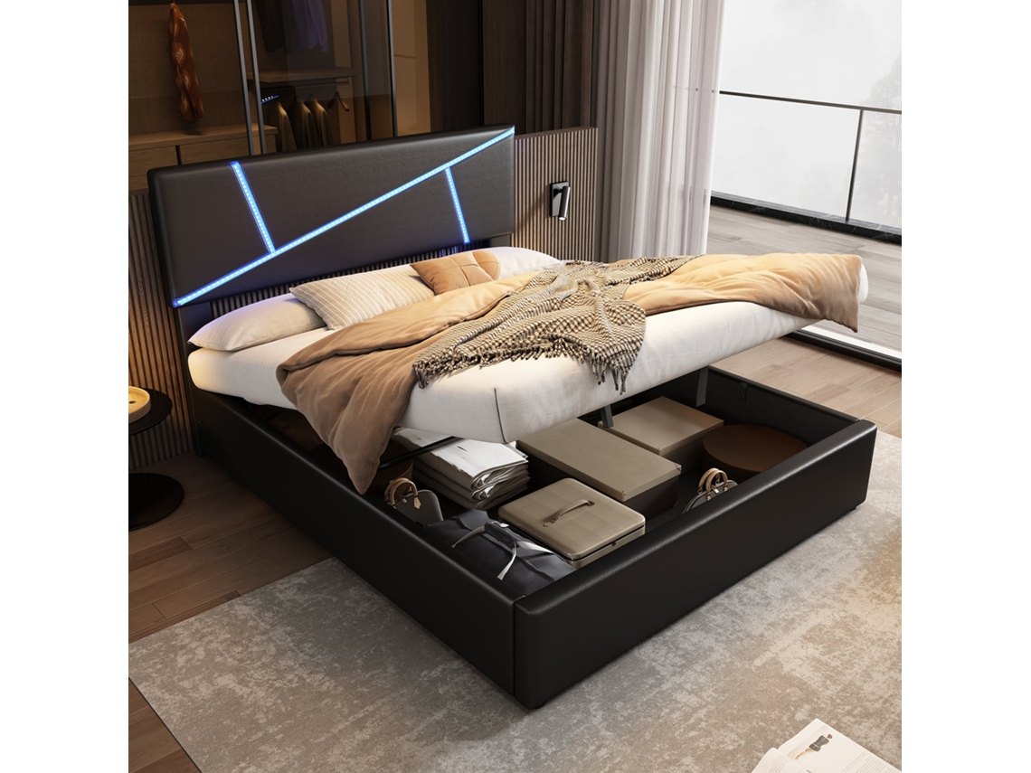 Cama Doble Negra De 140x200 Con Cabecero Led Y Espacio De Almacenamiento.