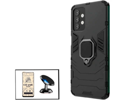 Kit Cristal Templado CeramicGlass Full Cover, Funda 3x1 Miltary Defender y Soporte Magnético de Coche Samsung Galaxy A32 5G PHONECARE Negro