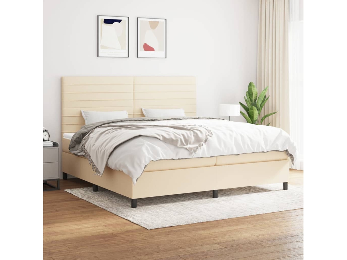 Cama Box Spring Con Colchón Tela Color Crema 200x200 Cm