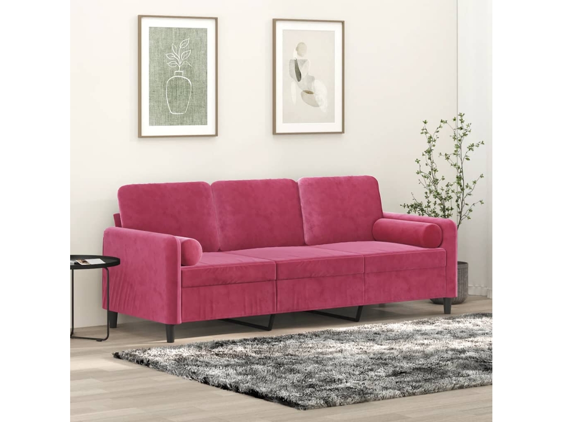 Sofá De 3 Plazas | Sofá De Salón | Sofá De Descanso Con Cojines Terciopelo Rojo Tinto 180 Cm