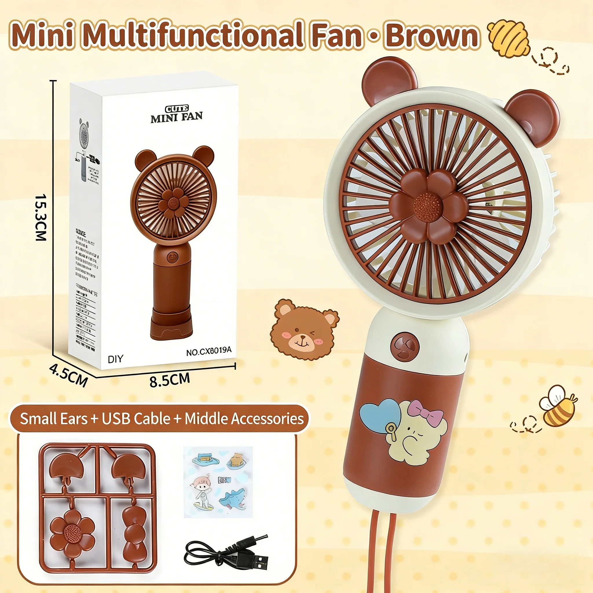Ventilador Portátil Mini Usb Recargable De Verano (marrón) Con Función De Soporte Para Teléfono.
