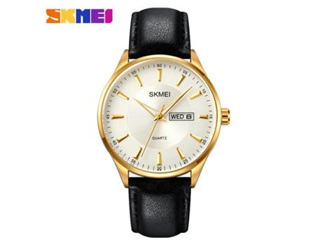 Relojes para hombres Reloj de cuarzo analógico de cuero Fecha del día Relojes de pulsera impermeables-Concha dorada Esfera plateada LUUCOZK
