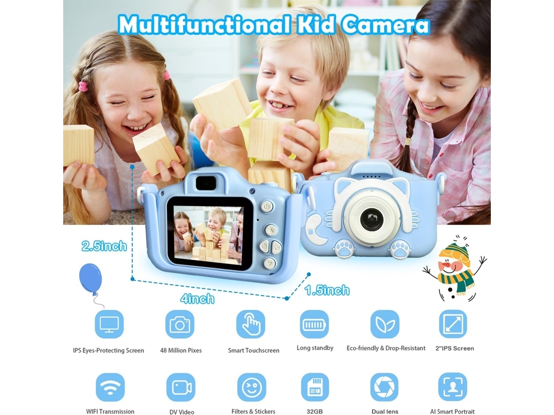 Cámara digital para niños de 32 GB, 1080p, HD, juguete para niños y niñas, color azul Yemaesre