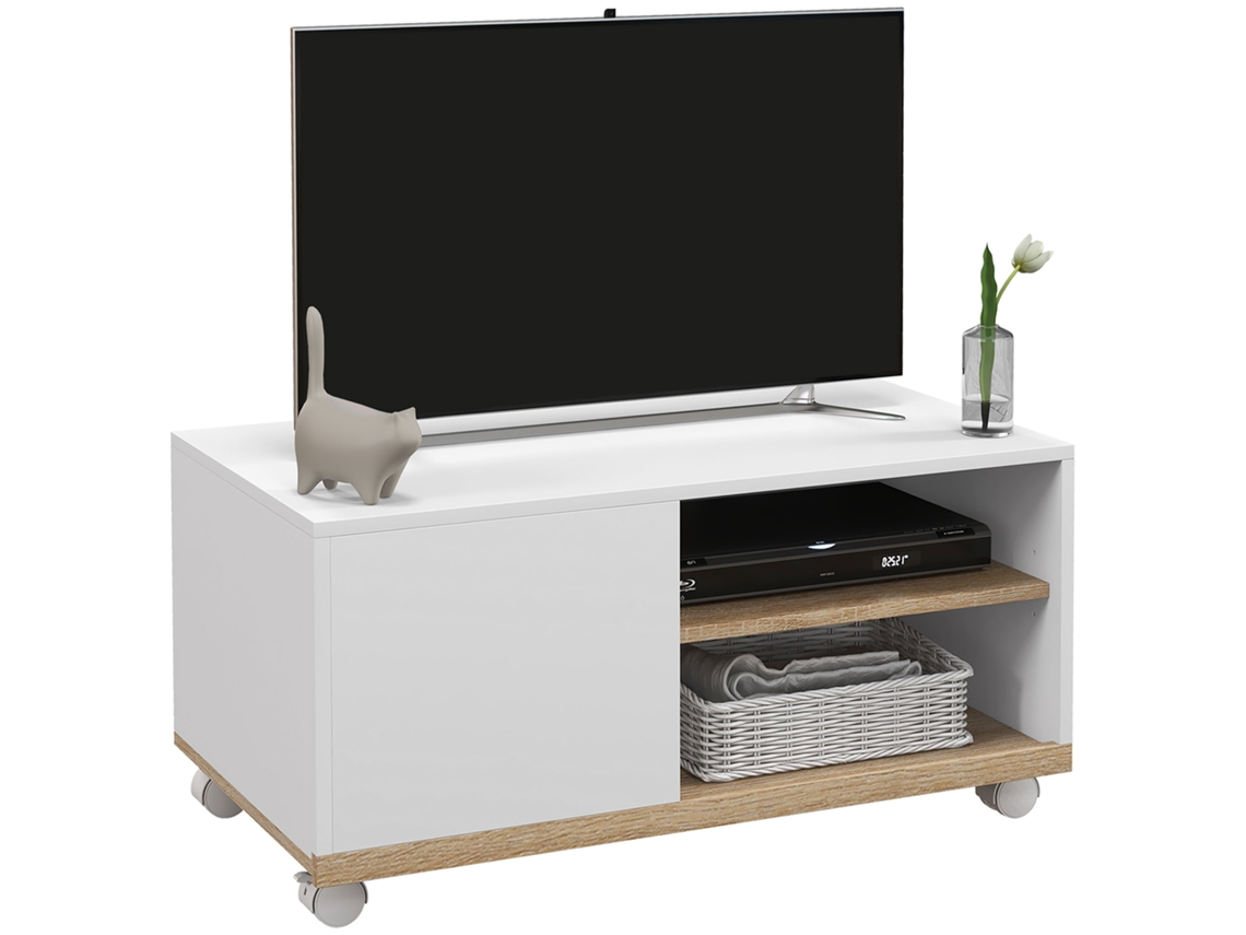Mueble Para Tv Con Ruedas, 42 Pulgadas, Puerta, 2 Estantes, 80x45x41 Cm, Blanco.