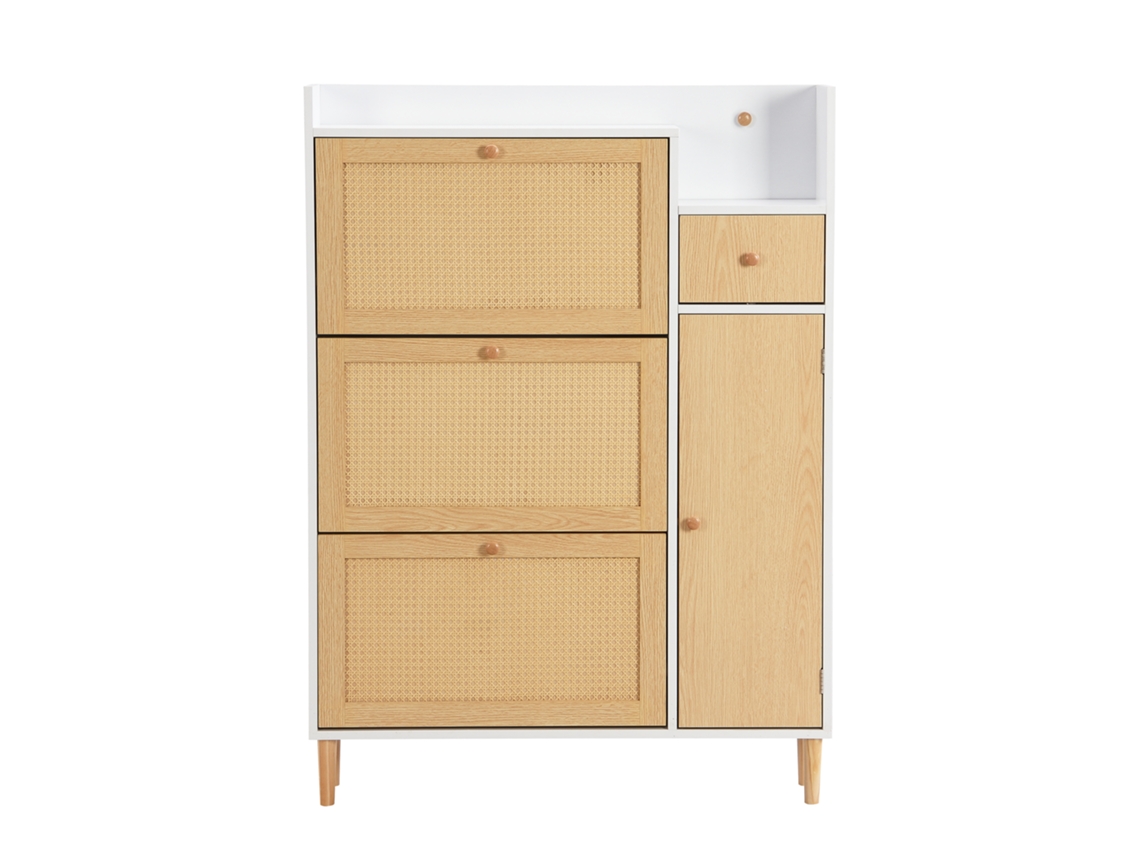 Zapatero de madera y ratán con 3 puertas abatibles y 1 cajón con estante ajustable en color natural y blanco Mobrio
