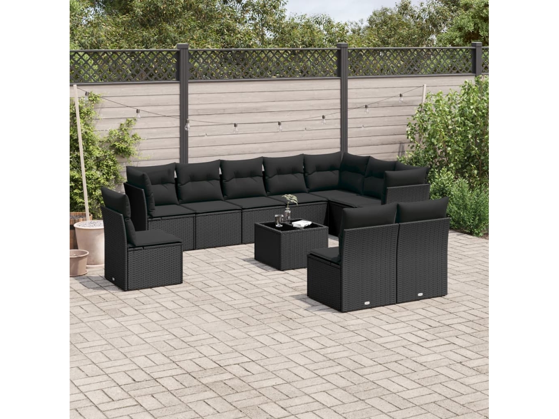 Conjunto de sofá de jardín de 11 piezas con cojines de mimbre sintético negro de DKD Home Decor