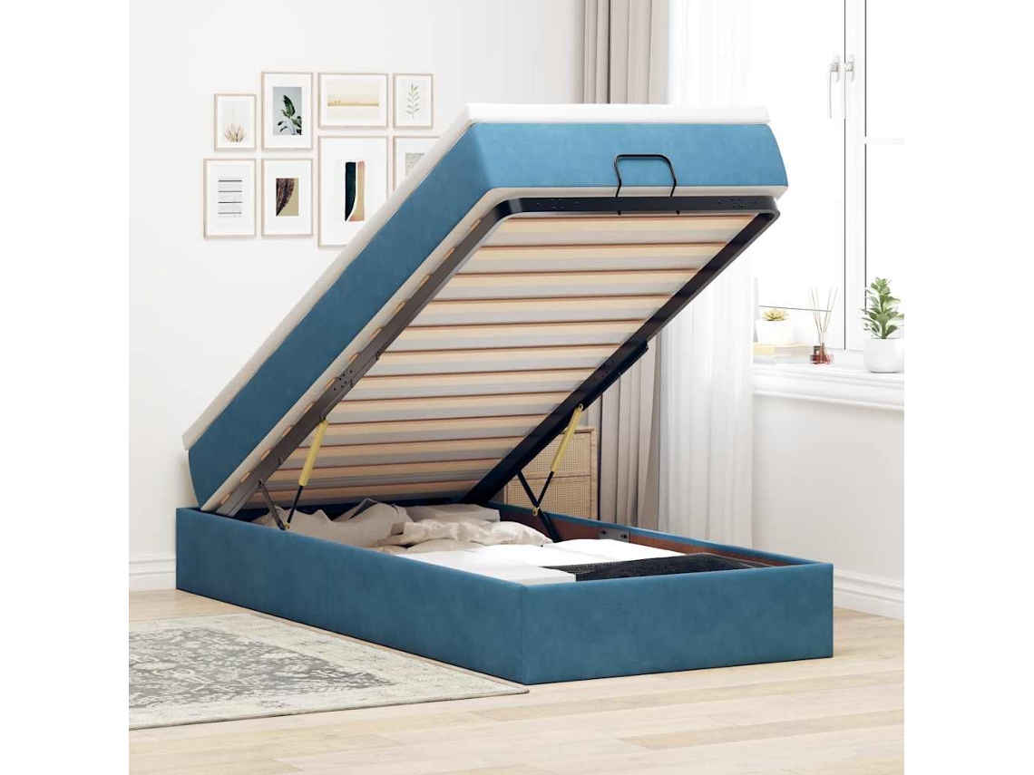 Estructura Cama Otomana Colchón Terciopelo Azul Oscuro