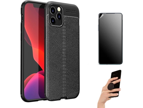 Kit Carcasa y Protector iPhone 12 Pro Max Ultimatte, Rugged Leather y Popsocket Negro