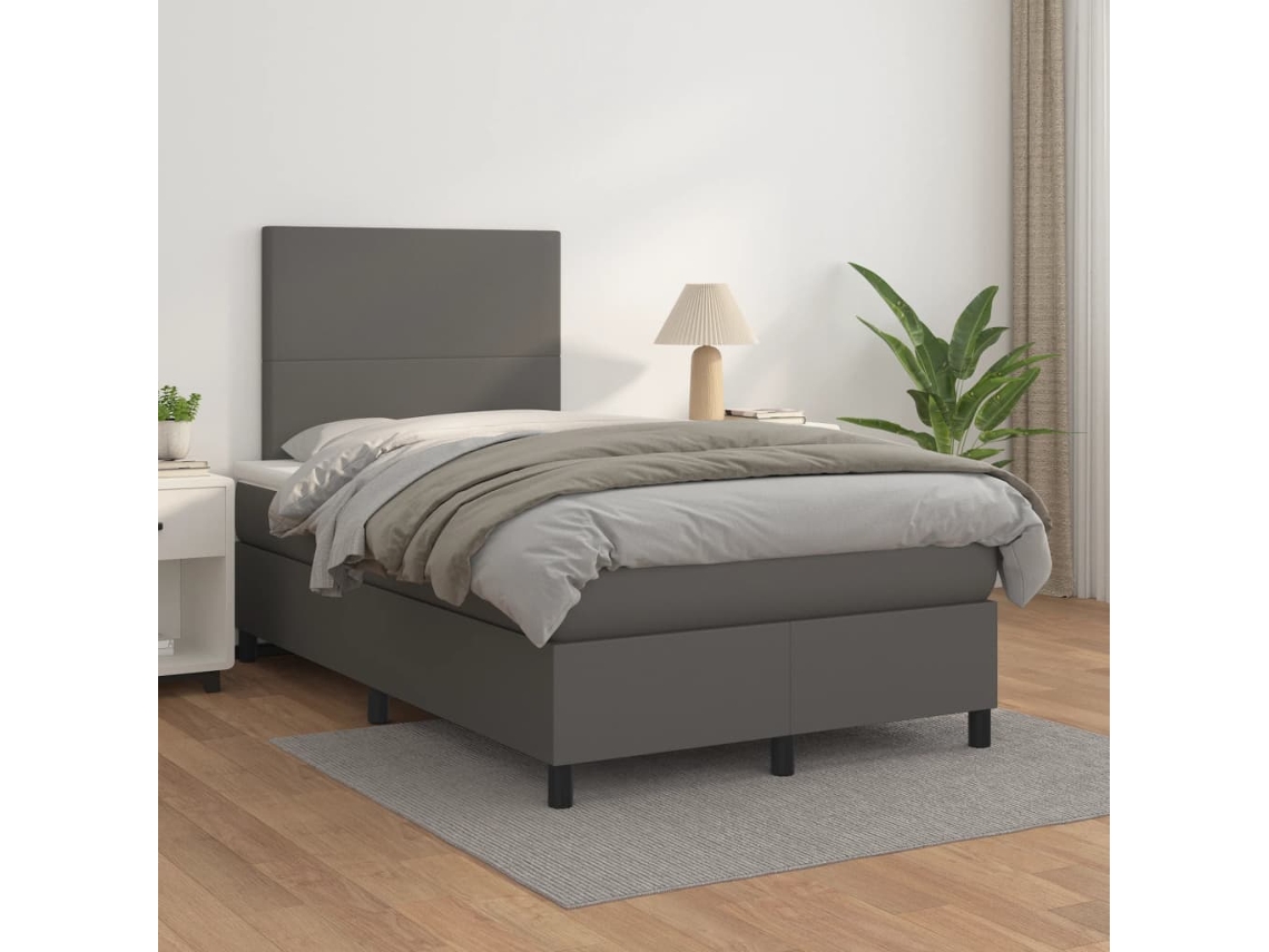 Cama Box Spring Con Colchón Cuero Sintético Gris 120x200 Cm
