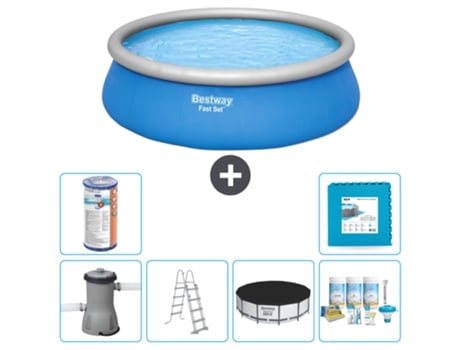 Piscina Hinchable Redonda Fast Set BESTWAY - 457 x 122 cm - Azul - Incluida Bomba - Escalera Cubrir - Paquete de mantenimiento - Filtrar - Baldosas