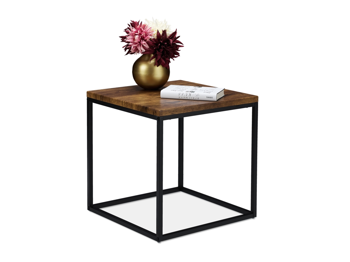 Relaxdays Mesa De Apoio, Quadrada, 45 Cm, Estilo Industrial, Mesa De Apoio Para Sala E Quarto, Metal, Madeira/preto