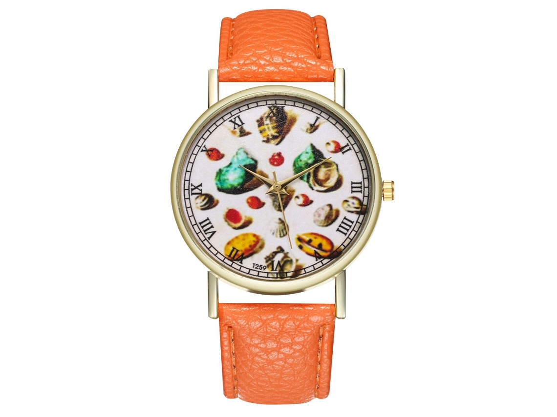 Reloj De Pulsera Unisex De Piel Sintética Con Estampado De Conchas, Esfera Redonda, Movimiento De Cuarzo, Color Naranja.