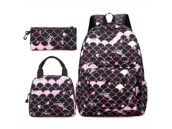 Mochila escolar de tres piezas para niñas, diseño de sirena, negra