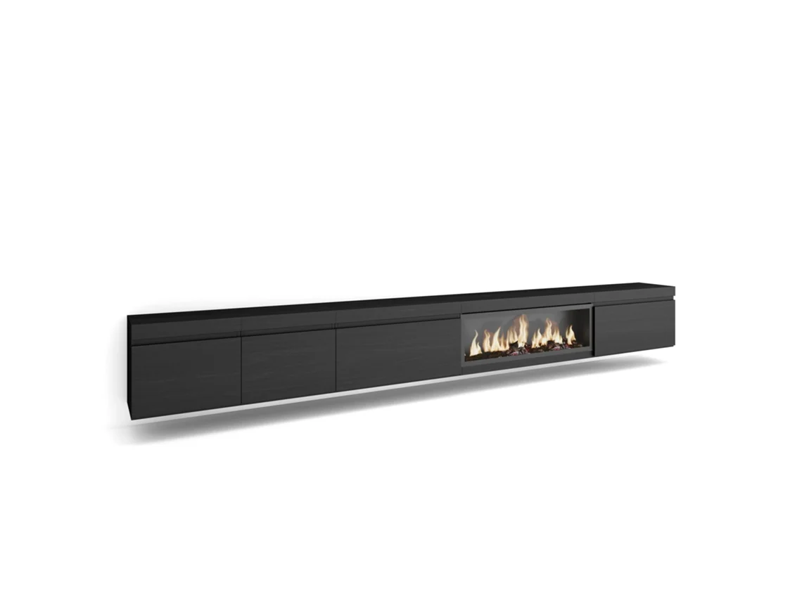 Mueble Tv, Televisión, 368x35x45cm, Chimenea Eléctrica Xxl, Colgado, Suspendido, Negro