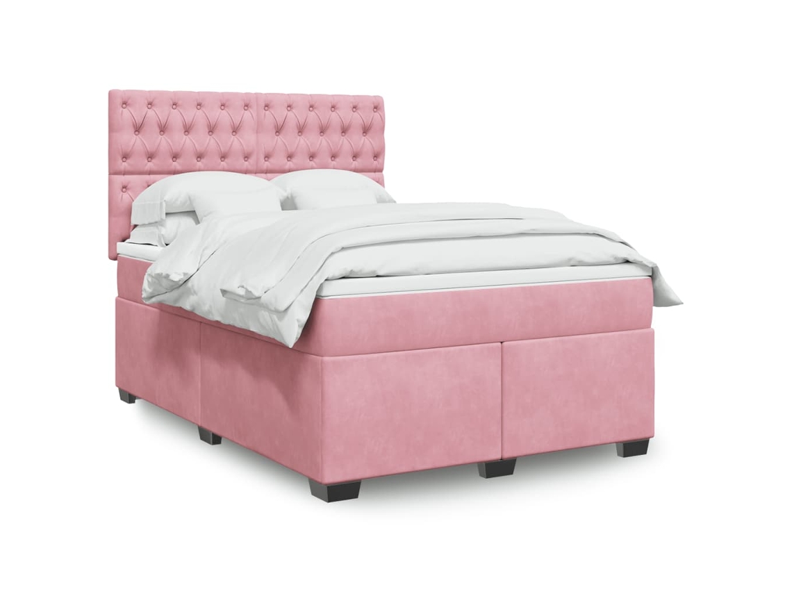 Cama Box Spring Con Colchón Terciopelo Rosa 140x190 Cm